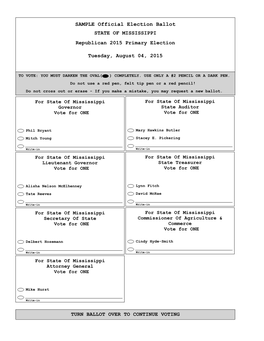 SAMPLE Official Election Ballot STATE of MISSISSIPPI Republican 2015 Primary Election