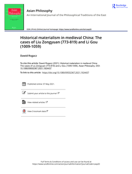 Historical Materialism in Medieval China: the Cases of Liu Zongyuan (773-819) and Li Gou (1009-1059)