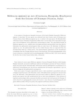 Mithracia Oppionii Sp. Nov. (Crustacea, Decapoda, Brachyura) from the Eocene of Chiampo (Vicenza, Italy)