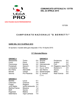 Comunicato Ufficiale N. 137/Tb De Del 22 Aprile 2015 Campionatonazionale