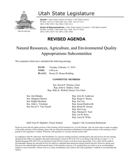 REVISED AGENDA Natural Resources, Agriculture, and Environmental Quality Appropriations Subcommittee February 11, 2014