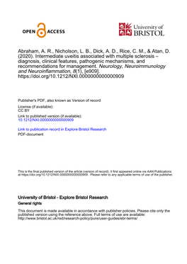 Intermediate Uveitis Associated with MS Diagnosis, Clinical Features, Pathogenic Mechanisms, and Recommendations for Management