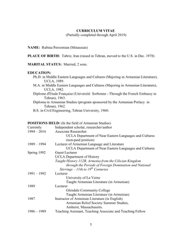 CURRICULUM VITAE (Partially Completed Through April 2019)