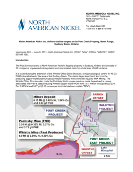 North American Nickel Inc. Defines Shallow Targets on Its Post Creek Property, North Range, Sudbury Basin, Ontario