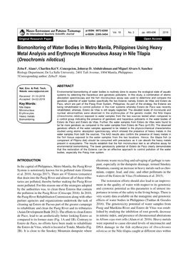 Biomonitoring of Water Bodies in Metro Manila, Philippines Using Heavy Metal Analysis and Erythrocyte Micronucleus Assay in Nile Tilapia (Oreochromis Niloticus)