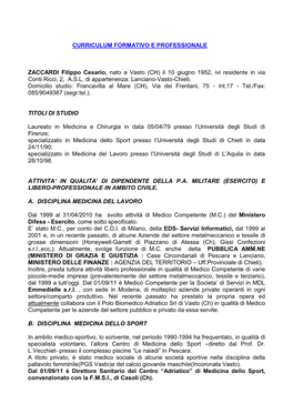 ZACCARDI Filippo Cesario, Nato a Vasto (CH) Il 10 Giugno 1952, Ivi Residente in Via Conti Ricci, 2, A.S.L