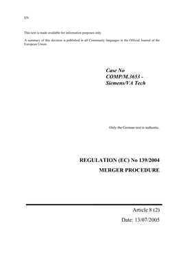 Case No COMP/M.3653 - Siemens/VA Tech