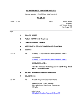 Board of Directors Regular Meeting Thursday, June 14, 2018