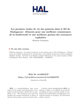 Les Premiers Stades De Vie Des Poissons Dans Le SO De Madagascar