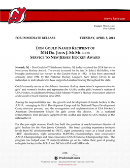 Don Gould Named Recipient of 2014 Dr. John J. Mcmullen Service to New Jersey Hockey Award