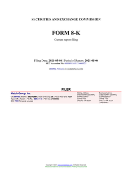 Match Group, Inc. Form 8-K Current Event Report Filed 2021-05-04