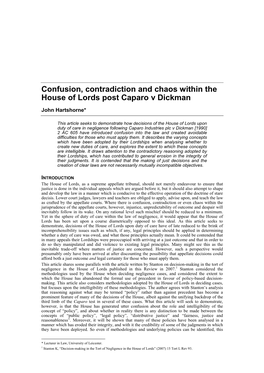 Confusion, Contradiction and Chaos Within the House of Lords Post Caparo V Dickman