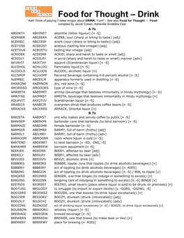 Food for Thought – Drink “Aah! Think of Playing 7-Letter Bingos About DRINK, Yum!”– See Also Food for Thought – Food Compiled by Jacob Cohen, Asheville Scrabble Club