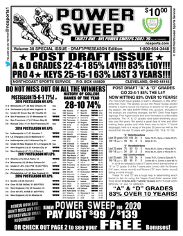 POWER SWEEPS 2007-’19 (ALL H’S WINNING) Ncsports.Com Volume 38 SPECIAL ISSUE - DRAFT/PRESEASON Edition 1-800-654-3448 © 2020 Northcoast Sports Service