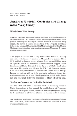 Saudara (1928-1941): Continuity and Change in the Malay Society