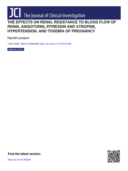 The Effects on Renal Resistance to Blood Flow of Renin, Angiotonin, Pitressin and Atropine, Hypertension, and Toxemia of Pregnancy