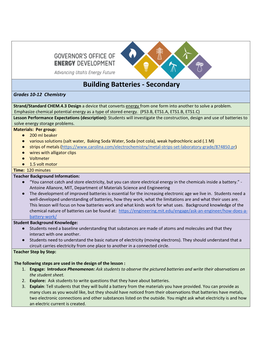 Batteries - Secondary Grades 10-12 Chemistry