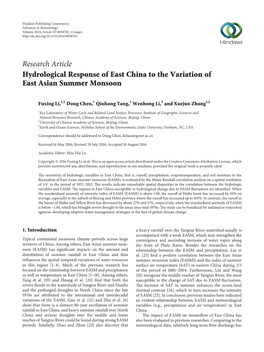 Research Article Hydrological Response of East China to the Variation of East Asian Summer Monsoon