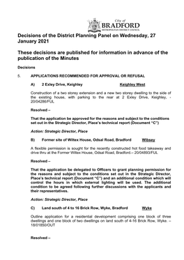 Decisions of the District Planning Panel on Wednesday, 27 January 2021 These Decisions Are Published for Information in Advance