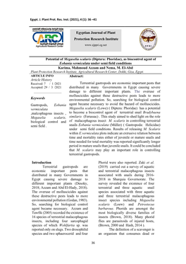 Potential of Megaselia Scalaris (Diptera: Phoridae), As Biocontrol Agent of Eobania Vermiculata Under Semi Field Conditions Karima, Mahmoud Azzam and Nema, M