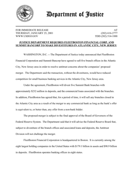 Justice Department Requires Fleetboston Financial Corp. and Summit Bancorp to Make Divestitures in Atlantic City, New Jersey