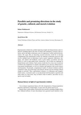 Parallels and Promising Directions in the Study of Genetic, Cultural, and Moral Evolution