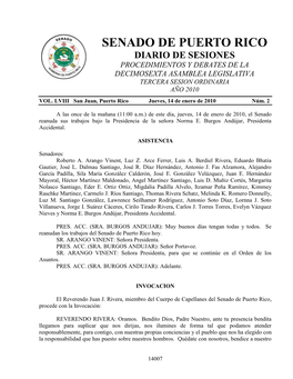 Senado De Puerto Rico Diario De Sesiones Procedimientos Y Debates De La Decimosexta Asamblea Legislativa Tercera Sesion Ordinaria Año 2010 Vol