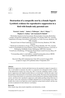 Destruction of a Conspecific Nest by a Female Superb Lyrebird: Evidence