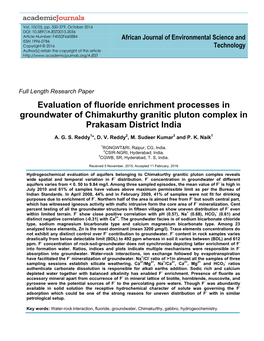 Evaluation of Fluoride Enrichment Processes in Groundwater of Chimakurthy Granitic Pluton Complex in Prakasam District India