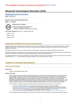 Advanced Technological Education (ATE) (Nsf18571) | NSF – National Science Foundation