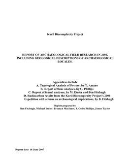 Kuril Biocomplexity Project REPORT of ARCHAEOLOGICAL FIELD