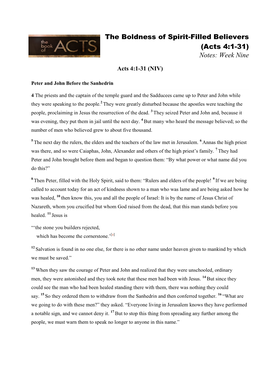 The Boldness of Spirit-Filled Believers (Acts 4:1-31) Notes: Week Nine