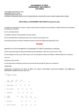 Answered On:31.07.2000 Conservation of Big Cats Daggubati Ramanaidu;Madhavrao Scindia;Renuka Chowdhury;Sushil Kumar Sambhajirao Shinde