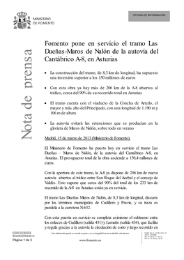 Fomento Pone En Servicio El Tramo Las Dueñas-Muros De Nalón De La Autovía Del Cantábrico A-8, En Asturias