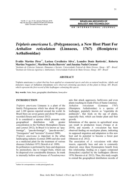 Triplaris Americana L. (Polygonaceae), a New Host Plant for Aethalion Reticulatum (Linnaeus, 1767) (Hemiptera: Aethalionidae)