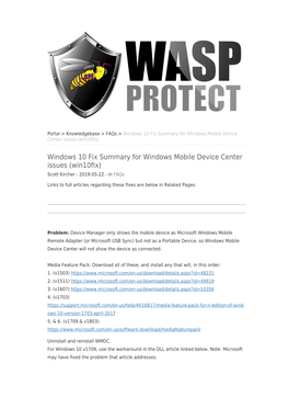 Windows 10 Fix Summary for Windows Mobile Device Center Issues (Win10ﬁx)