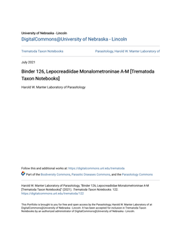 Binder 126, Lepocreadiidae Monalometroninae A-M [Trematoda Taxon Notebooks]