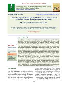 Climate Change Effects and Quality Makhana (Euryale Ferox Salisb.) Production Under Wetland Ecosystem of North Bihar