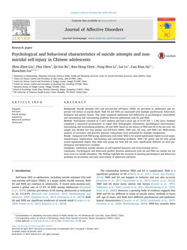 Research Paperpsychological and Behavioral Characteristics of Suicide Attempts and Non-Suicidal Self-Injury in Chinese Adolescen