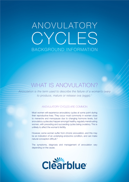 WHAT IS ANOVULATION? Anovulation Is the Term Used to Describe the Failure of a Woman’S Ovary to Produce, Mature Or Release Ova (Eggs).1