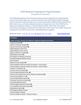 2020 Hospital Campaign for Organ Donation Recognition for Outreach