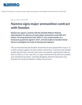 Nammo Signs Major Ammunition Contract with Sweden