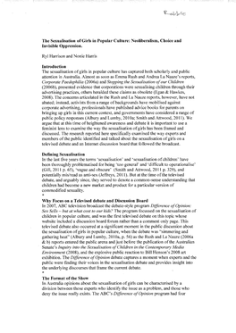 The Sexualisation of Girls in Popular Culture: Neoliberalism, Choice and Invisible Oppression. Ryl Harrison and Nonie Harris