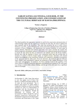 Sablot (Litsea Glutinosa), Lour Rob., in the Continuing Preservation and Conservation of the Cultural Heritage of Ilocos (Philippines)