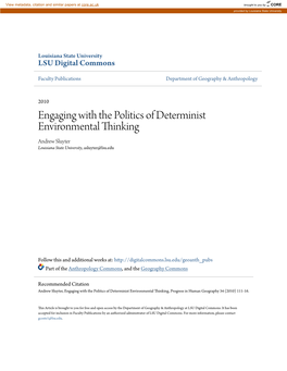 Engaging with the Politics of Determinist Environmental Thinking Andrew Sluyter Louisiana State University, Asluyter@Lsu.Edu