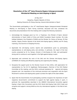 Resolution of the 14Th Asia/Oceania Region Intergovernmental Ministerial Meeting on Anti-Doping in Sport