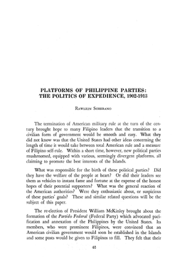 Platforms of Philippine Parties: the Politics of Expedience, 1902-1913