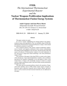 ITER: the International Thermonuclear Experimental Reactor and the Nuclear Weapons Proliferation Implications of Thermonuclear-Fusion Energy Systems