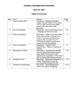 COUNCIL INFORMATION PACKAGE April 23, 2021 Table of Contents