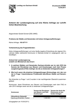 Antwort Der Landesregierung Auf Eine Kleine Anfrage Zur Schrift- Lichen Beantwortung